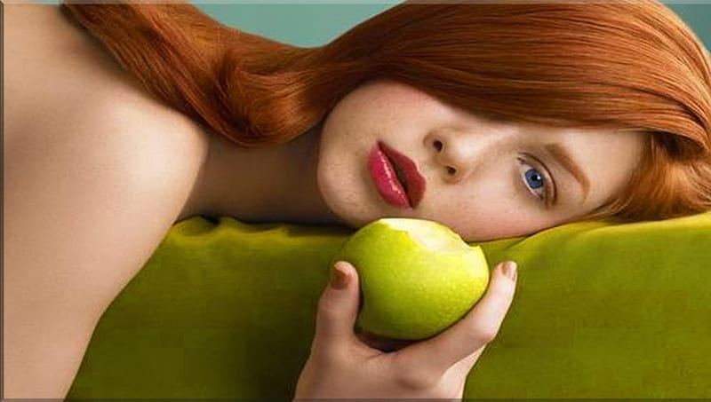 Green Apple Redhead, pretty, redheaded, redhead, ginger, red head, bonito, woman, women, green, hot, beauty, gorgeous, apple, babe, female, lovely, red hair, girl, lady, HD wallpaper