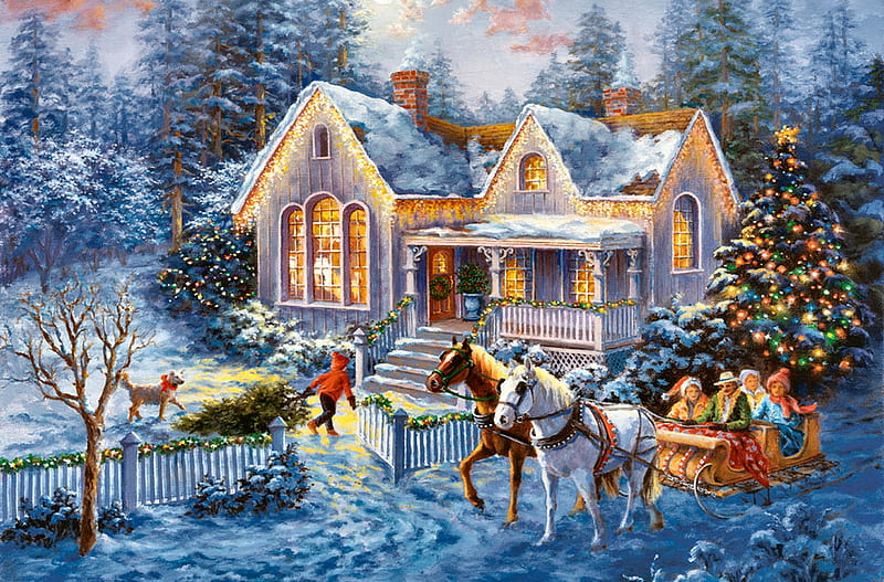 Welcome Home, christmas, horses, sleigh, tree, snow, winter, lights, HD wallpaper