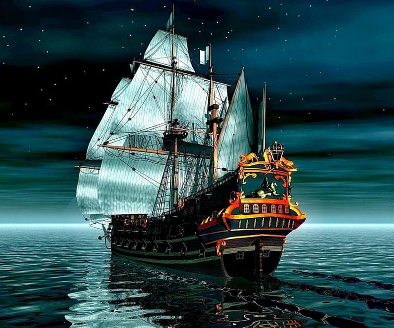 MidnightSail, Ship, stars, Sails, sea, HD wallpaper