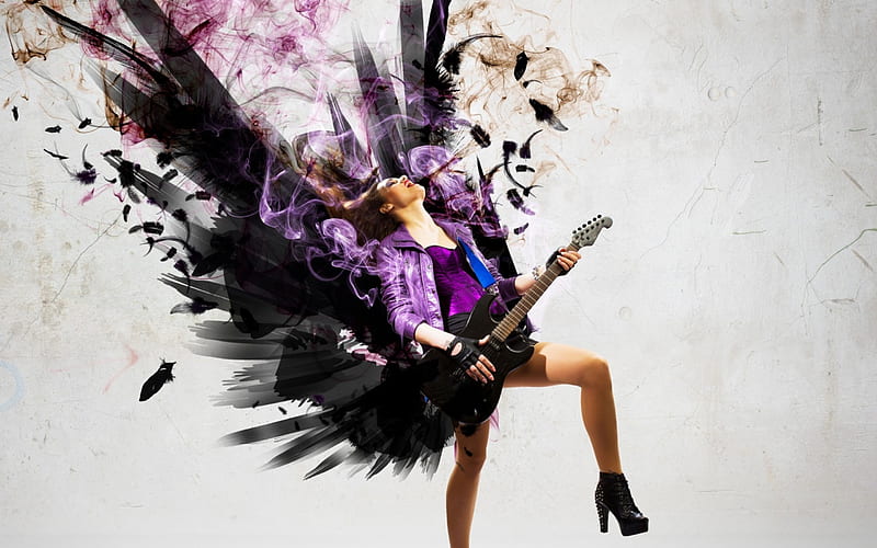 Angel of music, wings, music, black, woman, fantays, angle, demon, instrument, girl, pink, blue, HD wallpaper