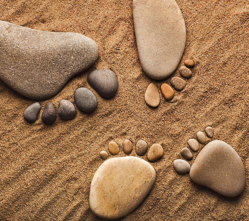 Stone Footprints, beach, feet, legs, pebbles, sand, stones, HD wallpaper