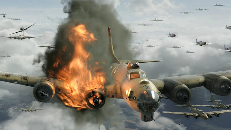 Red Tails Devastation Boeing B-17 Flying Fortress, me 109, b-17, Boeing B-17 Flying Fortress, flames Entropy, shot down, p-51, 1920 x 1080, red tails, HD wallpaper