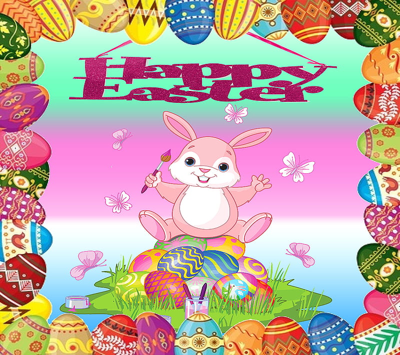 happy easter, bunny, easter bunny, easter eggs, eggs, HD wallpaper