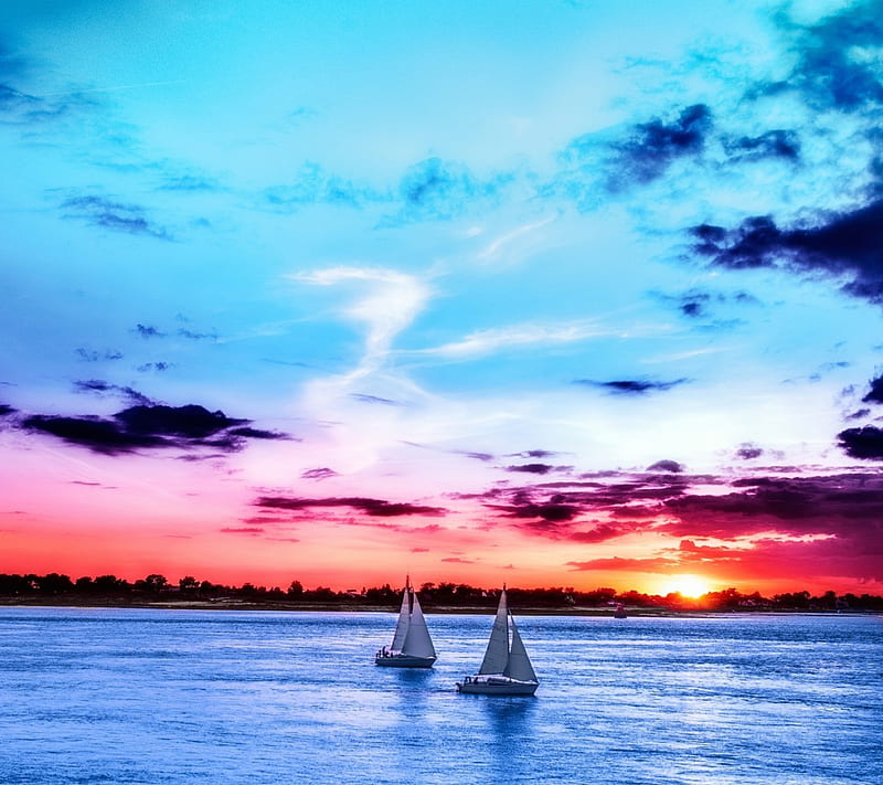 EVENING, boat, color, sea, sky, sunset, HD wallpaper