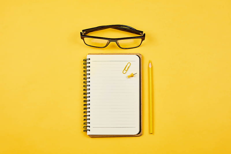 notepad, glasses, paper clip, pencil, yellow, HD wallpaper