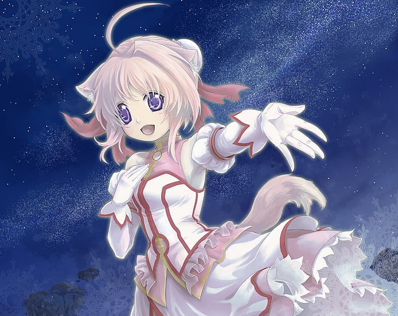 Millhiore F. Biscotti, pretty, dress, bonito, clouds, nice, royal, anime, hand, beauty, anime girl, dream, purple eyes, pink, blue, biscotti, dog days, tail, ears, black, millhiore f biscotti, sky, singer, cute, cool, girl, millhiore, awesome, pink hair, white, princess, HD wallpaper