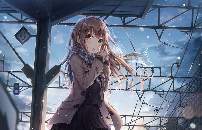 anime moe girl, scarf, winter, coat, school uniform, Anime, HD wallpaper