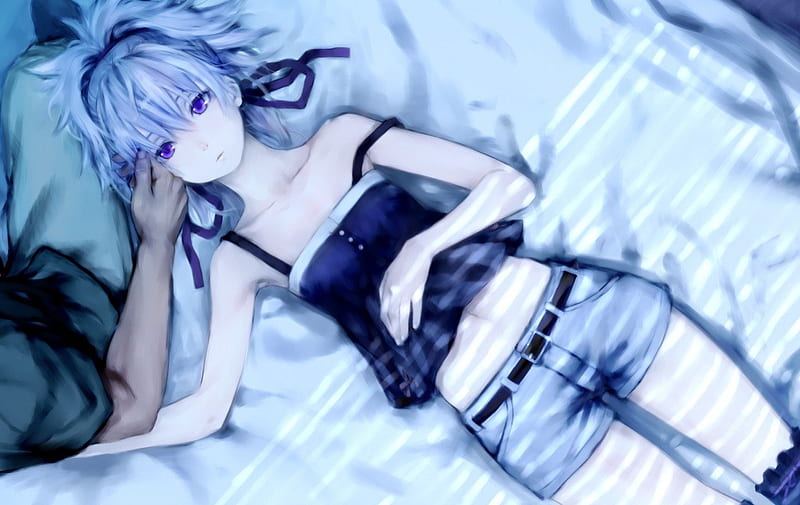 Darker than black, girl, anime, lying, shorts, bed, blue, HD wallpaper |  Peakpx