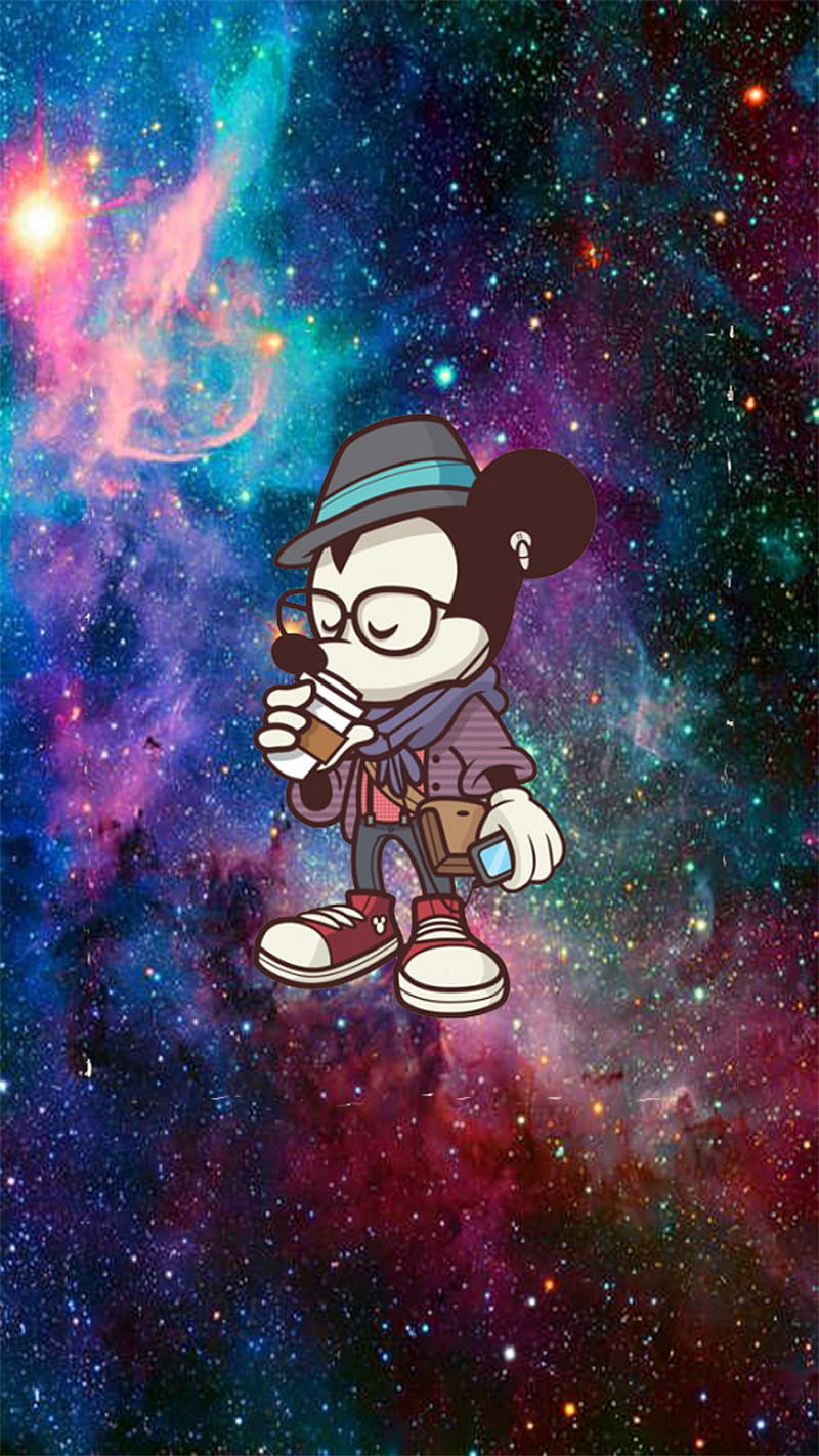 Hipster Mickey Mouse, background, coffe, disney, galaxy, hat, hipster, mickey, mouse, swag, HD phone wallpaper