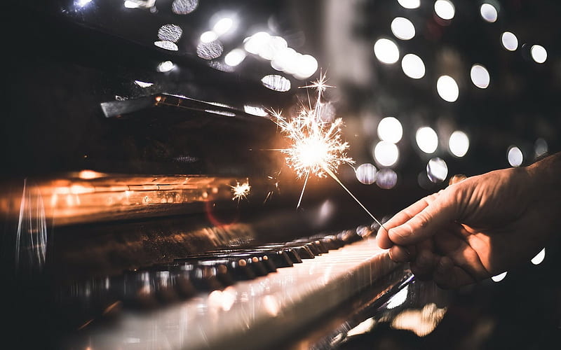 New Year, Bengal lights, piano keys, piano, HD wallpaper