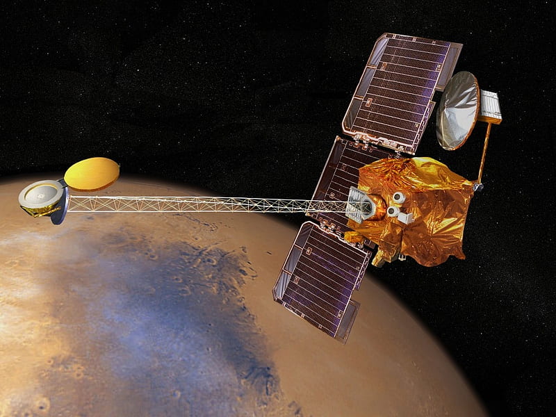 mars probe, stars, probe, radar dishes, solar panels, mars, HD wallpaper