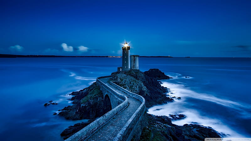 Lighthouse In The Night, France, nature, beaches, lighthouse, HD wallpaper