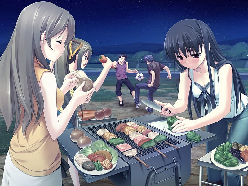 Barbeque, guy, onion, cooking, hungry, knife, ball, anime, handsome, carrot, meat, anime girl, bbq, night, playing, corn, soccer, delicious, female, male, food, foorball, sky, vegetable, boy, girl, cook, pepper, HD wallpaper