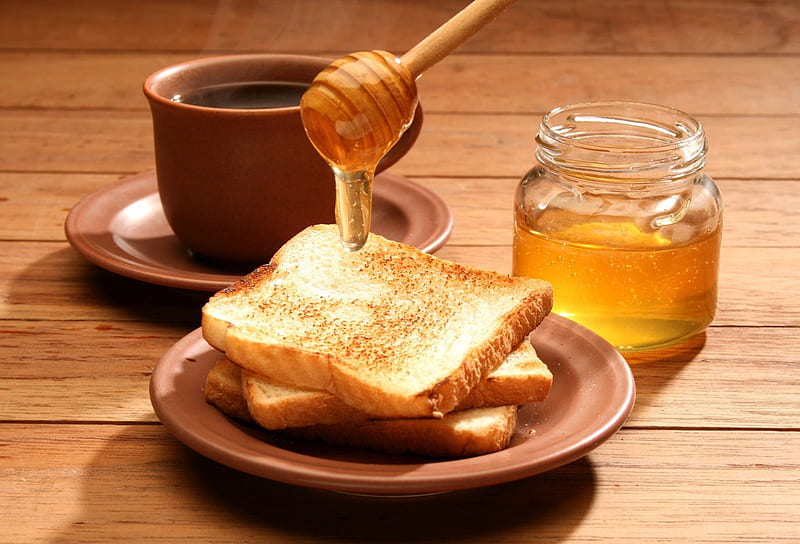 Healthy breakfast honey, delicious, yellow, breakfast, floral, sweet, coffee, honey, healthy, flowers, nature, HD wallpaper