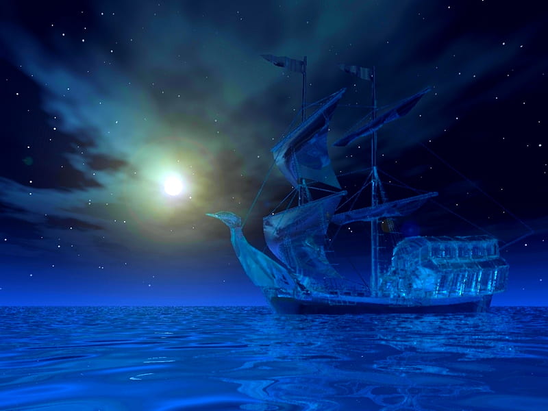 MOONLIGHT SAILING, water, ship, full moon, ocean, sailing, sky, night, HD wallpaper