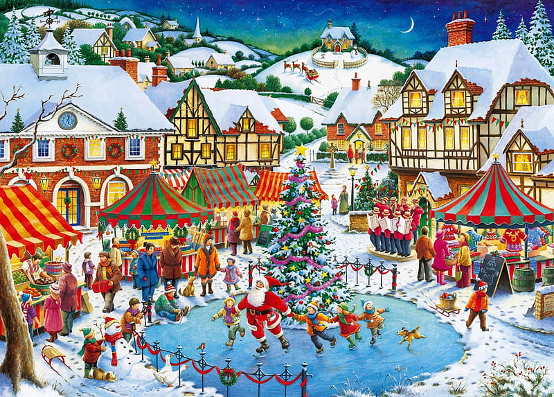 Joy of Christmas, tree, santa, ice rink, christmas, snow, skating, market, HD wallpaper