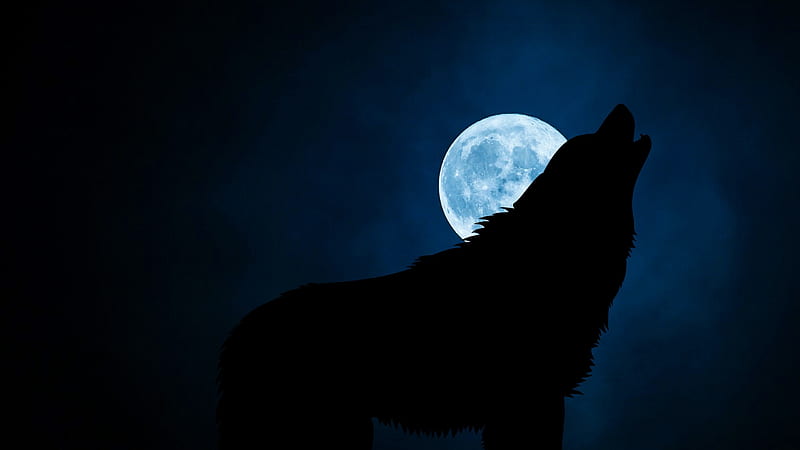 Hati, moon, luminos, black, silhouette, fantasy, moon, lup, wolf, HD wallpaper