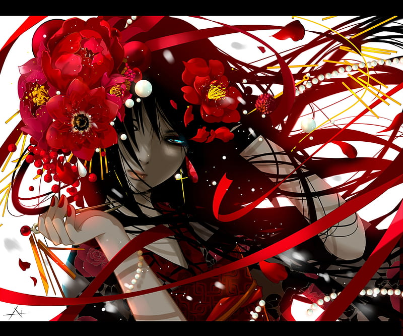 :), nanahara shie, girl, red, anime, manga, flower, HD wallpaper