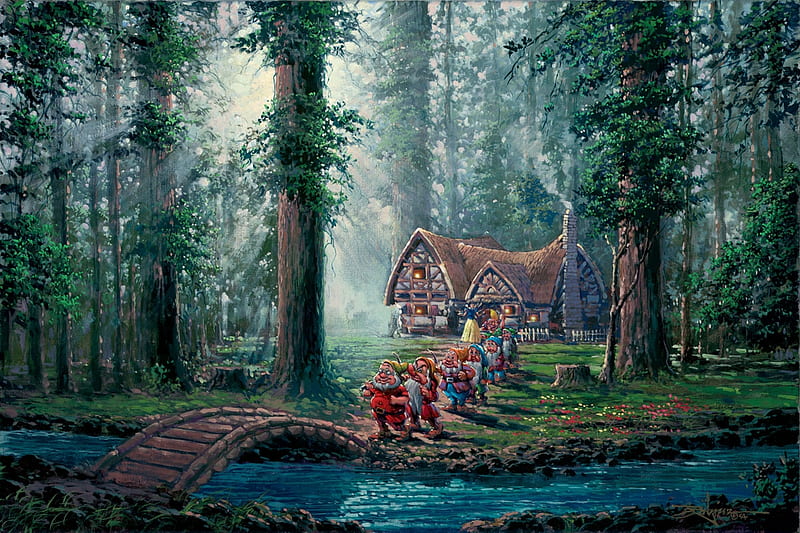 The Seven Dwarfs, house, snow white, bridge, green, painting, pitici, seven, pictura, disney, blue, art, forest, luminos, rodel gonzales, tree, water, dwarf, HD wallpaper