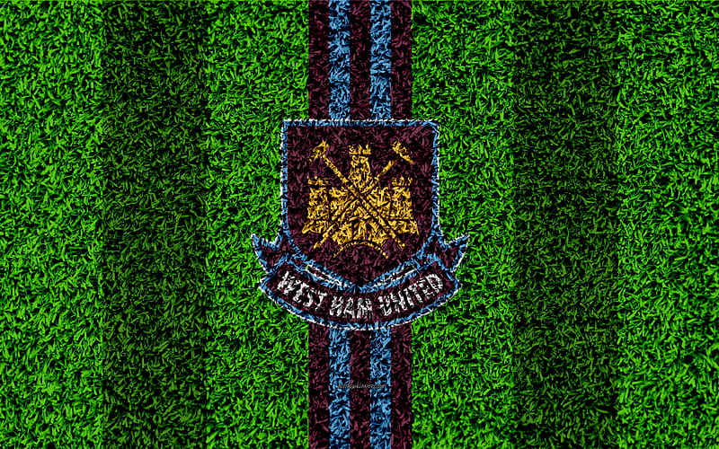 West Ham United FC football lawn, emblem, logo, English football club, green grass texture, Premier League, Stratford, London, England, United Kingdom, football, HD wallpaper