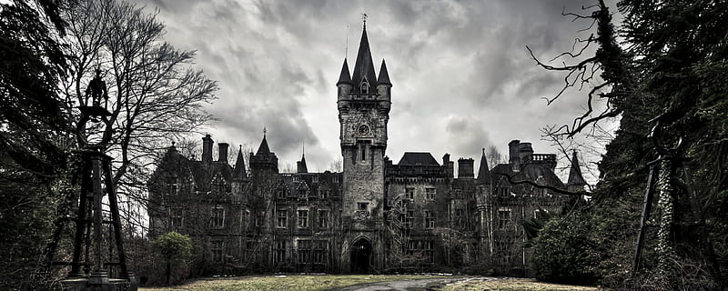 Castle of Dark Dreams (Dual Monitor), monitor, gothic, tower, dark, dual, trees, clouds, castle, HD wallpaper