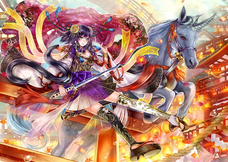 Aquatic Horse, pretty, colorful, glow, divine, cg, sparks, bonito, magic, sweet, nice, fantasy, blade, multicolor, anime, beauty, anime girl, weapon, long hair, sword, light, gorgeous, female, lovely, horse, girl, awesome, HD wallpaper