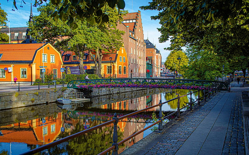 Uppsala, Sweden, canal, Uppsala, Sweden, bridge, houses, promenade, HD wallpaper