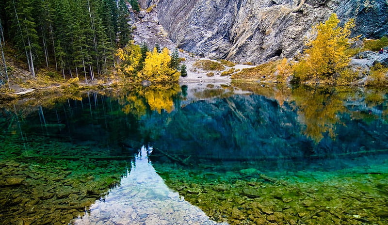 Grassi Lake,Canada, mountain, grass, nature, reflection, lake, HD wallpaper