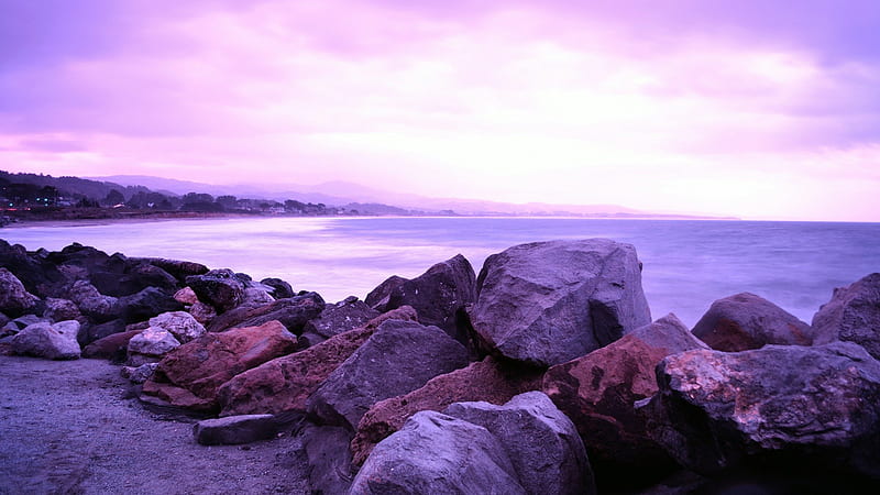 half moon bay in cali in purple, stones, purple, bech, clouds, bay, HD wallpaper