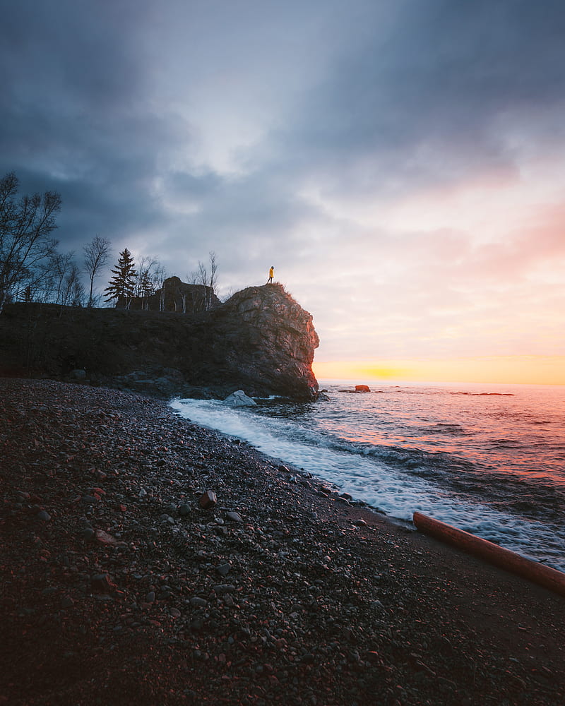 rock, sea, silhouette, coast, beach, stones, HD phone wallpaper