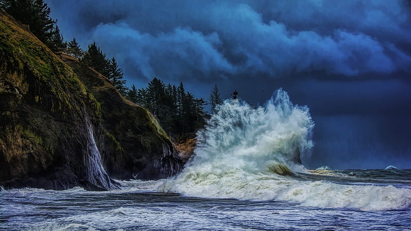 Stormy Day At Cape Disappointment, Washington, usa, sea, pacific, clouds, sky, rocks, cliff, HD wallpaper