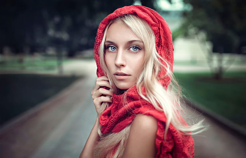 Beauty, girl, model, scarf, hand, blonde, lods franck, woman, red riding hood, HD wallpaper