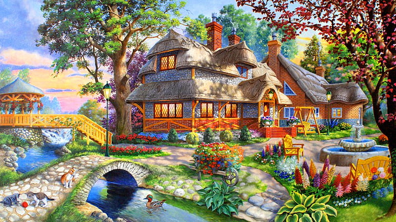 Paradise Place, paradise, bridge, painting, home, place, walking, brook, HD wallpaper