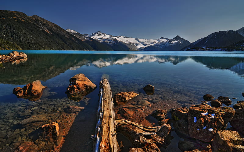 Decay Rate, rocks, mountains, british columbia, bonito, reflection, lake, canada, drift wood, HD wallpaper