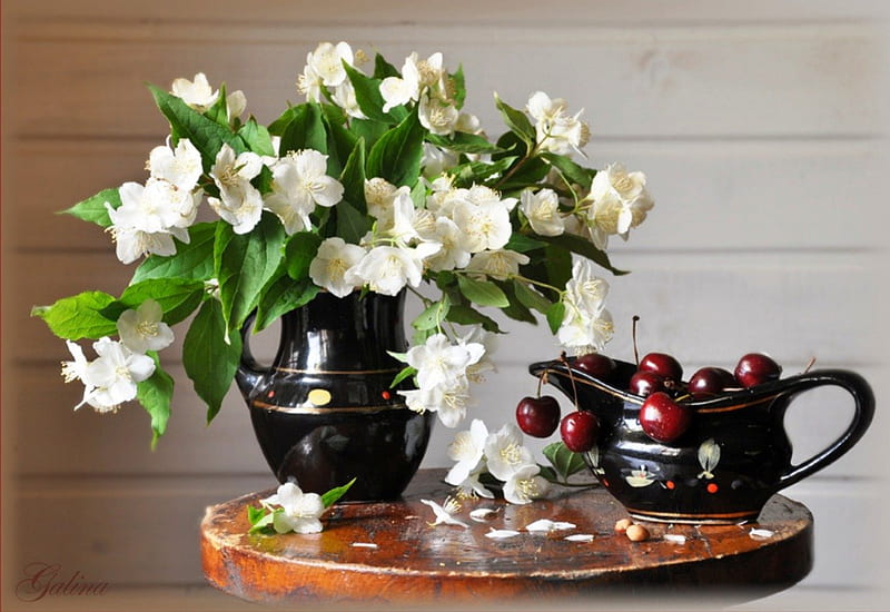 Jasmine flowers, red, fruits, cherries, vase, fragrance, jasmine, still life, green, bouquet, flowers, nature, white, HD wallpaper