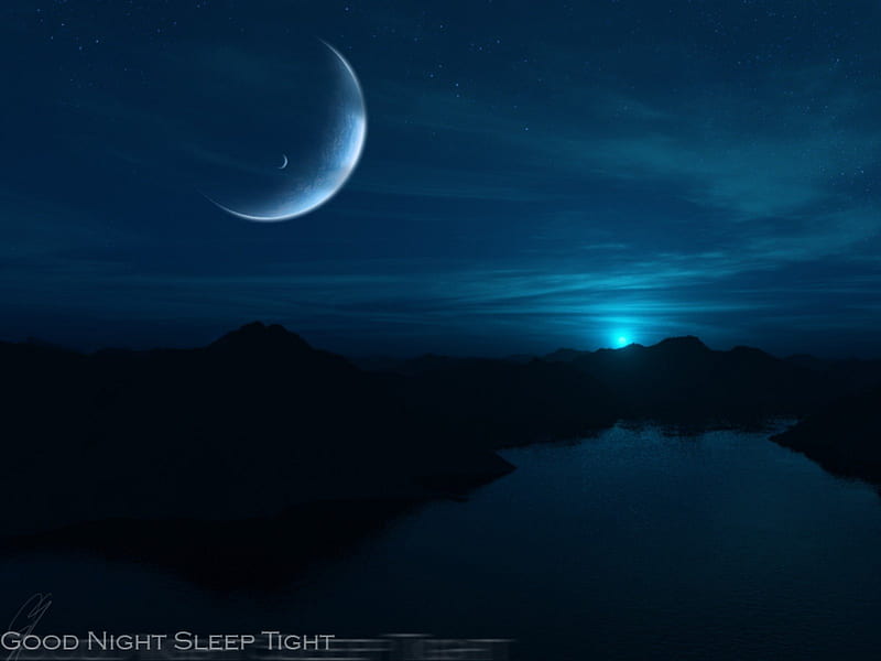 Buenas noches que duermas bien, azul, luna, estrellas, cielo, noche, agua,  montañas, Fondo de pantalla HD | Peakpx