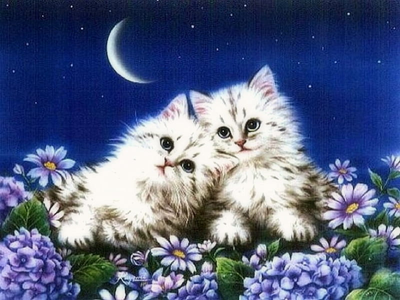 ..Moonlight Rendezvous.., pretty, draw and paint, adorable, seasons, paintings, couple, animals, lovely, rendezvous, love four seasons, kittens, creative pre-made, spring, dogs and cats, cute, moonlight, weird things people wear, summer, cats, beloved valentines, HD wallpaper
