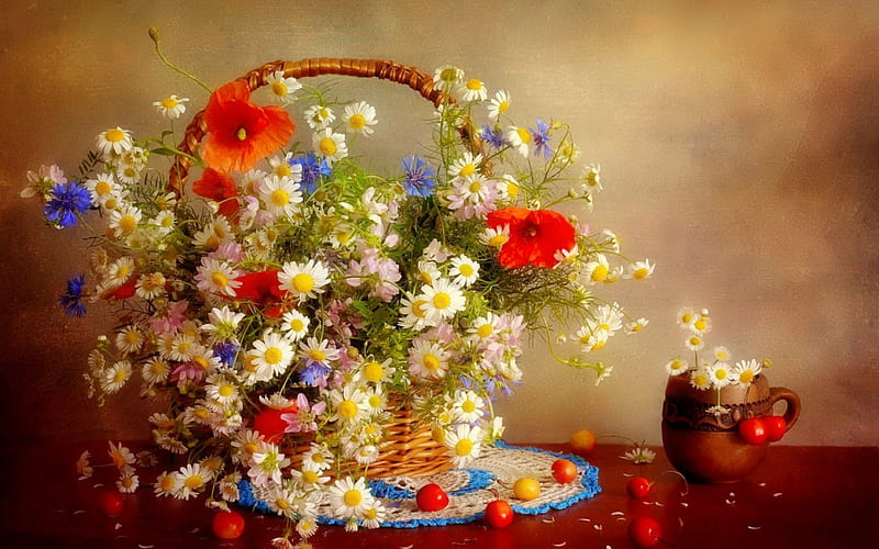Spring still life, pretty, table, colorful, lovely, poppies, bonito, spring, camomile, delicate, freshness, still life, berries, bouquet, basket, flowers, HD wallpaper