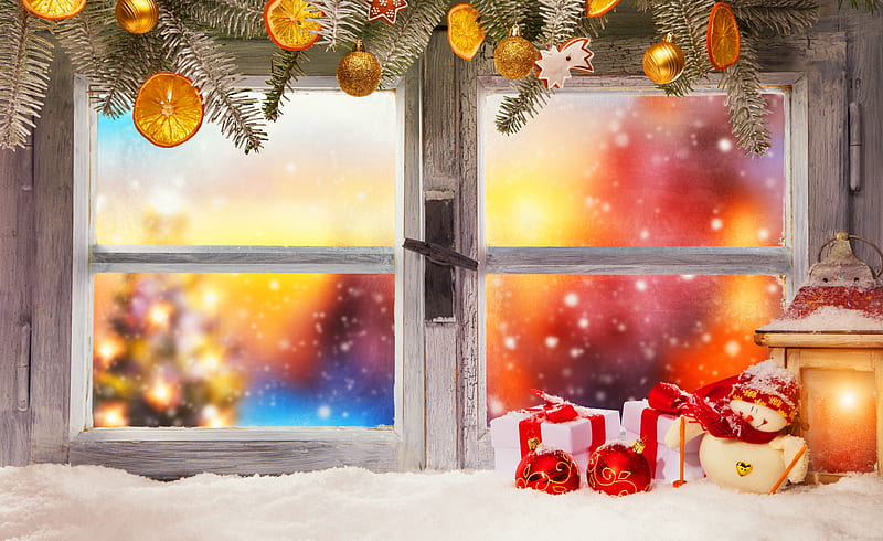 Vintage wooden window with blur background, background, sweet, arrangement, toys, vintage, window, holiday, christmas, decoration, blur, new year, snowman, cute, tree, warmth, snowflakes, snowfall, presents, wooden, HD wallpaper