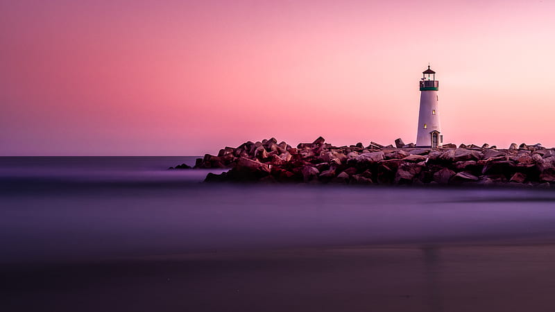 white lighthouse on rocky seashore, HD wallpaper