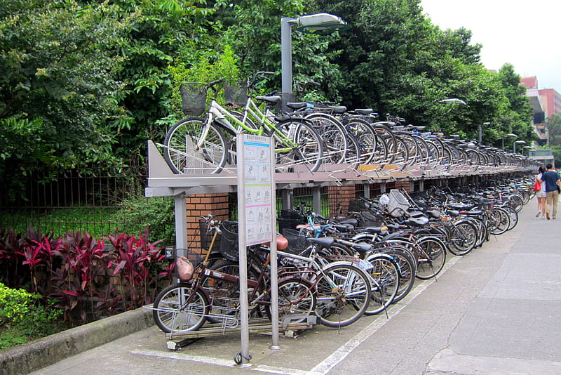 Two-tier bike shed on the sidewalk, lovers, bicycle, two-tier bike shed, sidewalk, HD wallpaper