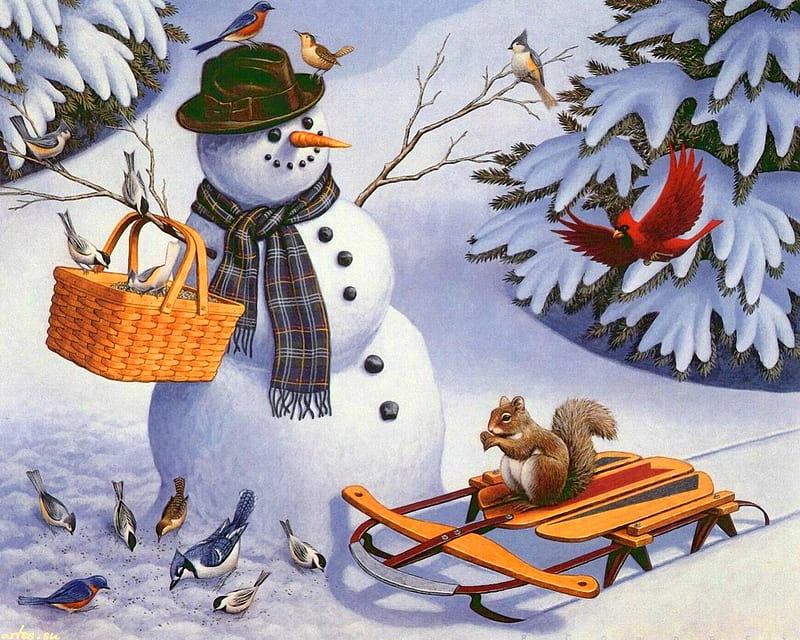 Winter joy, sleigh, bonito, cold, painting, friends, frost, animals, art, holiday, christmas, birds, fun, joy, smiling, snowman, winter, tree, snow, basket, frozen, HD wallpaper