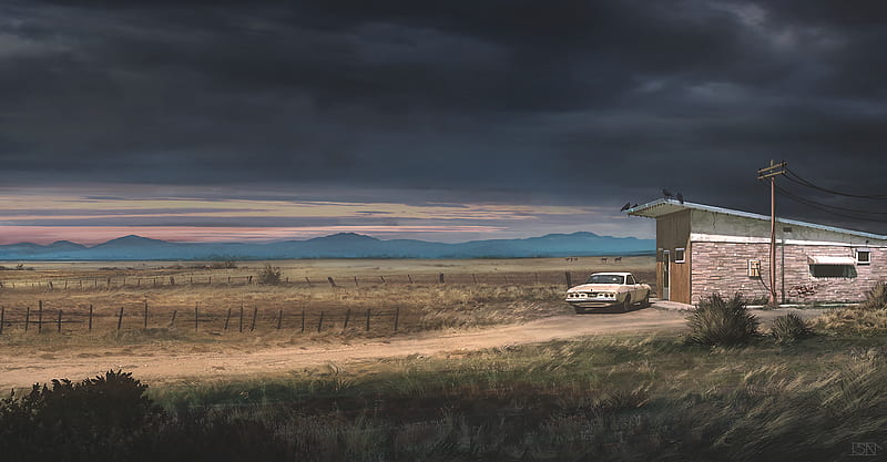 ranch, car, building, country, landscape, rain clouds, HD wallpaper