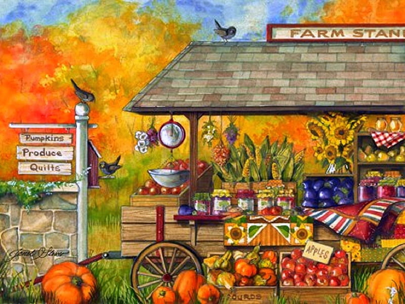 Farm stand, painting, fruit, farm, autumn, pumpkin, HD wallpaper