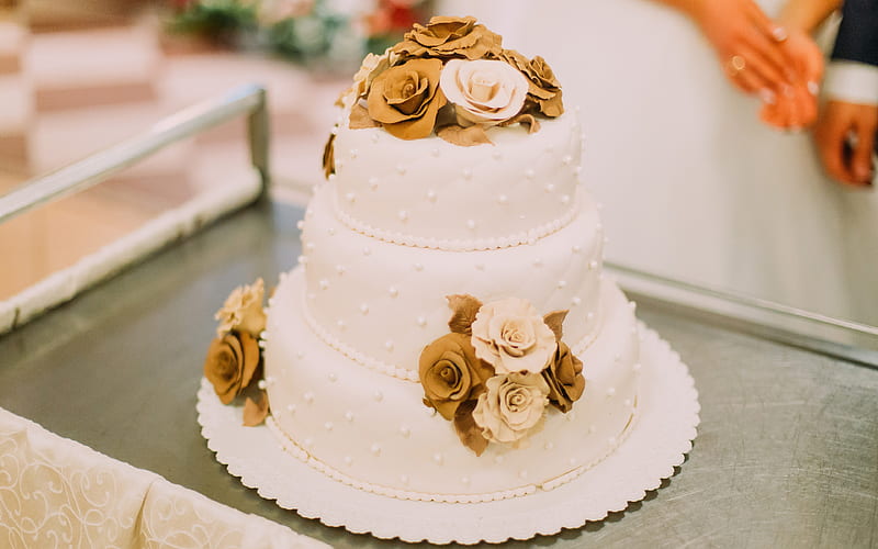 wedding cake, decoration, wedding, cakes, bronze flowers, holiday cakes, HD wallpaper
