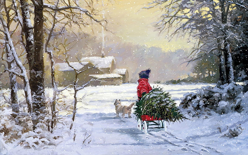 bringing home the christmas tree, artistic, christmas, holiday, trees, sled, animal, winter, tree, snow, painting, dog, HD wallpaper