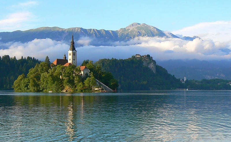 Bled Slovenia Lake, Europe, architecture, religious, church, trees, sky, clouds, lake, europe, mountain, daylight, water, day, nature, island, reflection, blue, HD wallpaper