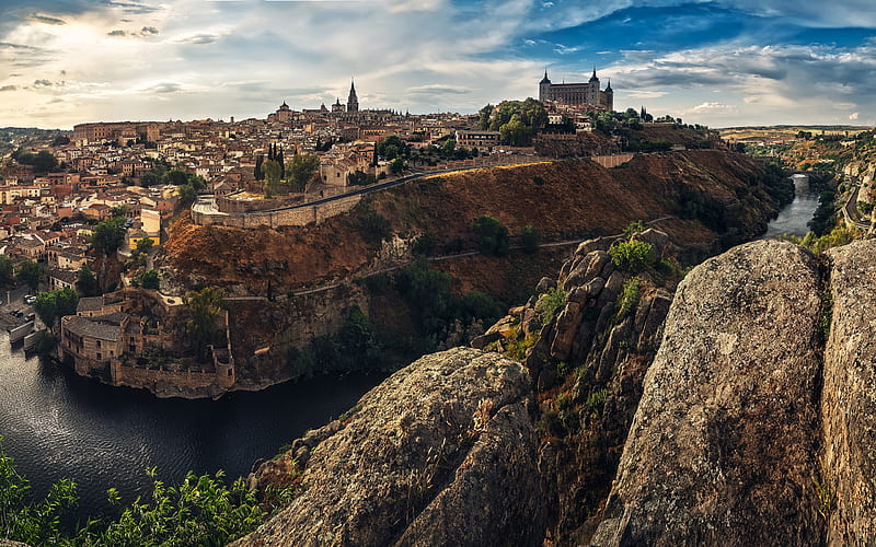 Toledo, city panorama, Alcazar of Toledo, Alcantara Bridge, Landmark, spanish old town, Canyon, Spain, HD wallpaper