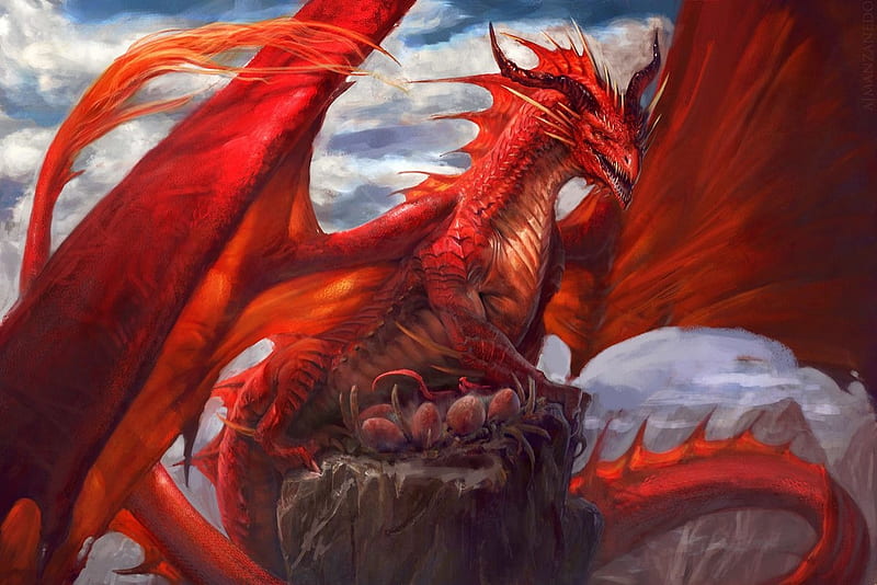Red dragon's nest, fantasy, dragon, nest, art, red, wings, HD wallpaper