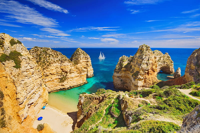 Algarve, Portugal, view, horizons, rocks, beach, boat, sea, exotic, paradise, vacation, summer, rest, HD wallpaper